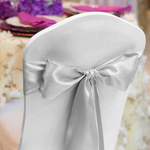 50 count | Silver Satin Chair Sashes Wedding Party Dining Banquet Bows Ties New - Picture 1 of 2